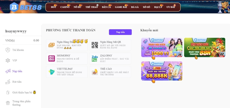 Hướng dẫn nạp tiền Bet88 chi tiết