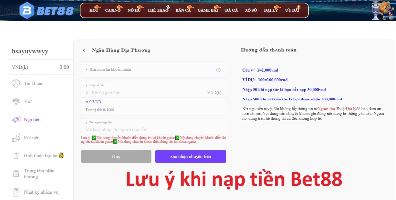 Những điều cần đặc biệt lưu ý khi nạp tiền Bet88